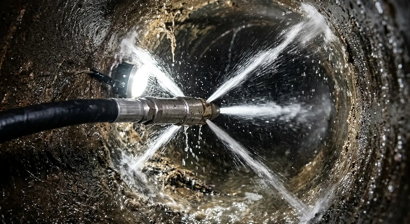 High-pressure hydro jetting nozzle cleaning sewer pipe for Emergency Drain Service in Woodmoor