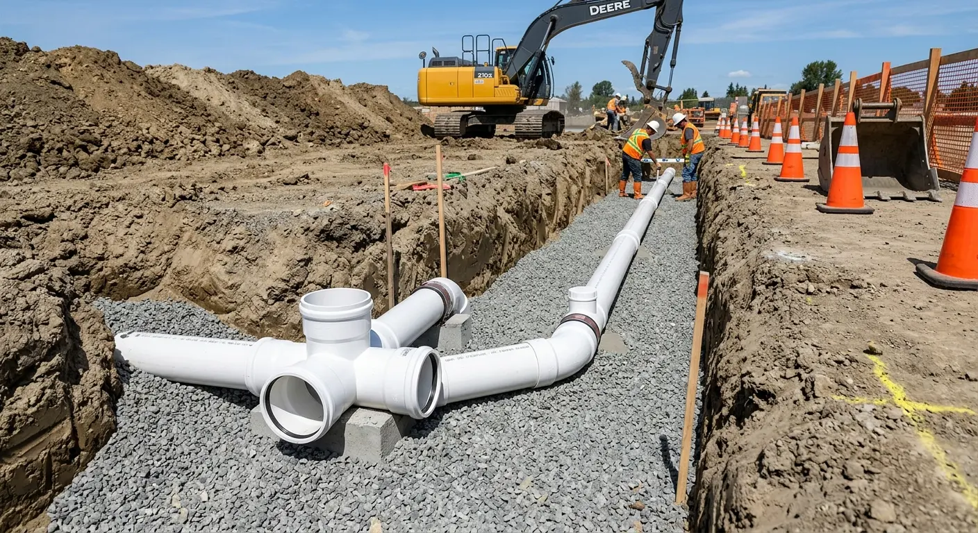 New PVC sewer pipe installation in open trench for Sewer Backup in Woodmoor