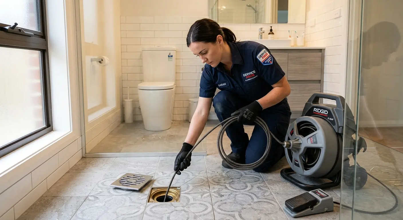 Technician clearing a bathroom floor drain for Sewer Line Replacement in Woodmoor